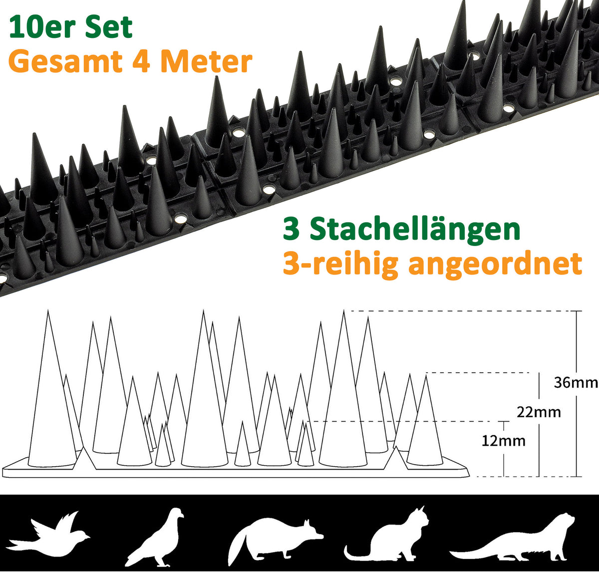 Taubenabwehr Spikes 10er Set Kunststoff, 400x42x36mm, schwarz