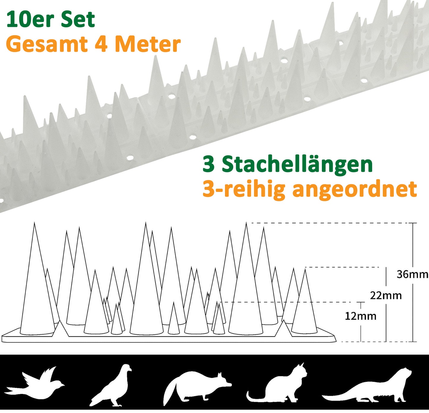 Taubenabwehr Spikes 10er Set Kunststoff, 400x42x36mm, weiß/transparen