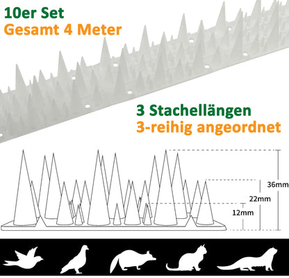 Taubenabwehr Spikes 10er Set Kunststoff, 400x42x36mm, weiß/transparen