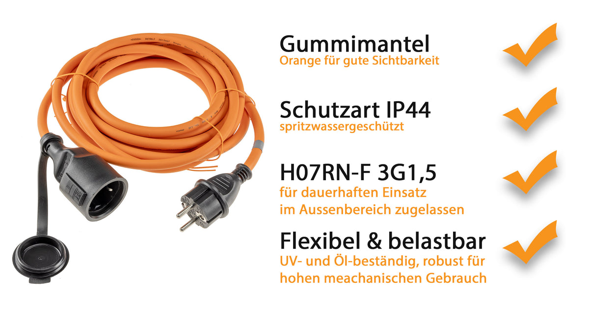 Verlängerungskabel 5m, IP44, Orange H07RN-F 3G1,5 , Stecker / Kupplung