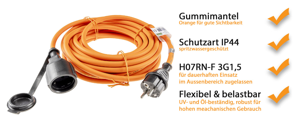Verlängerungskabel 10m, IP44, Orange H07RN-F 3G1,5 , Stecker / Kupplung