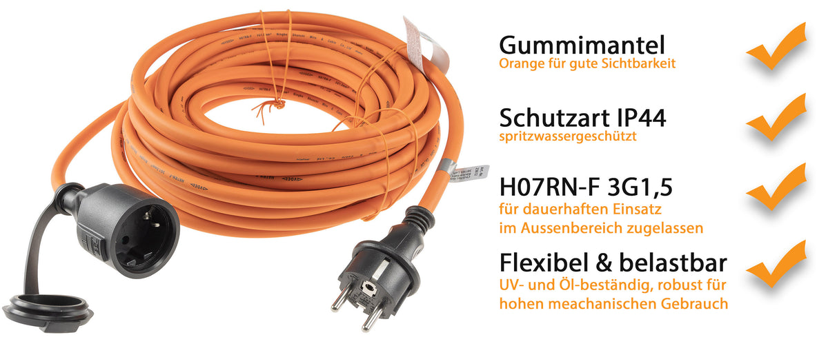 Verlängerungskabel 15m, IP44, Orange H07RN-F 3G1,5 , Stecker / Kupplung