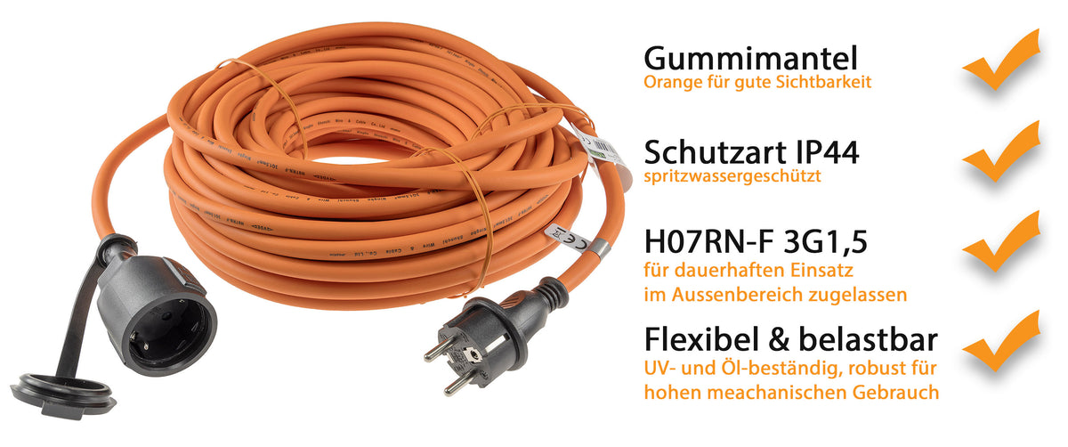 Verlängerungskabel 25m, IP44, Orange H07RN-F 3G1,5 , Stecker / Kupplung