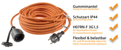 Verlängerungskabel 25m, IP44, Orange H07RN-F 3G1,5 , Stecker / Kupplung
