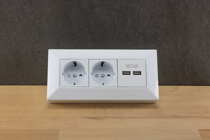 2-fach Steckdosenblock + 2x USB, weiß 250V~/ 16A, Aufbaumontage, USB 3,1A