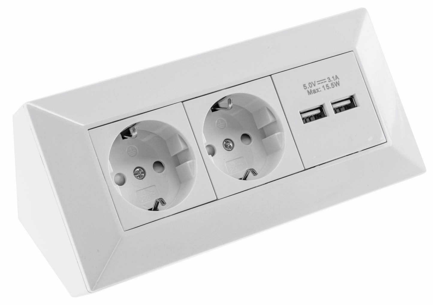 2-fach Steckdosenblock + 2x USB, weiß 250V~/ 16A, Aufbaumontage, USB 3,1A