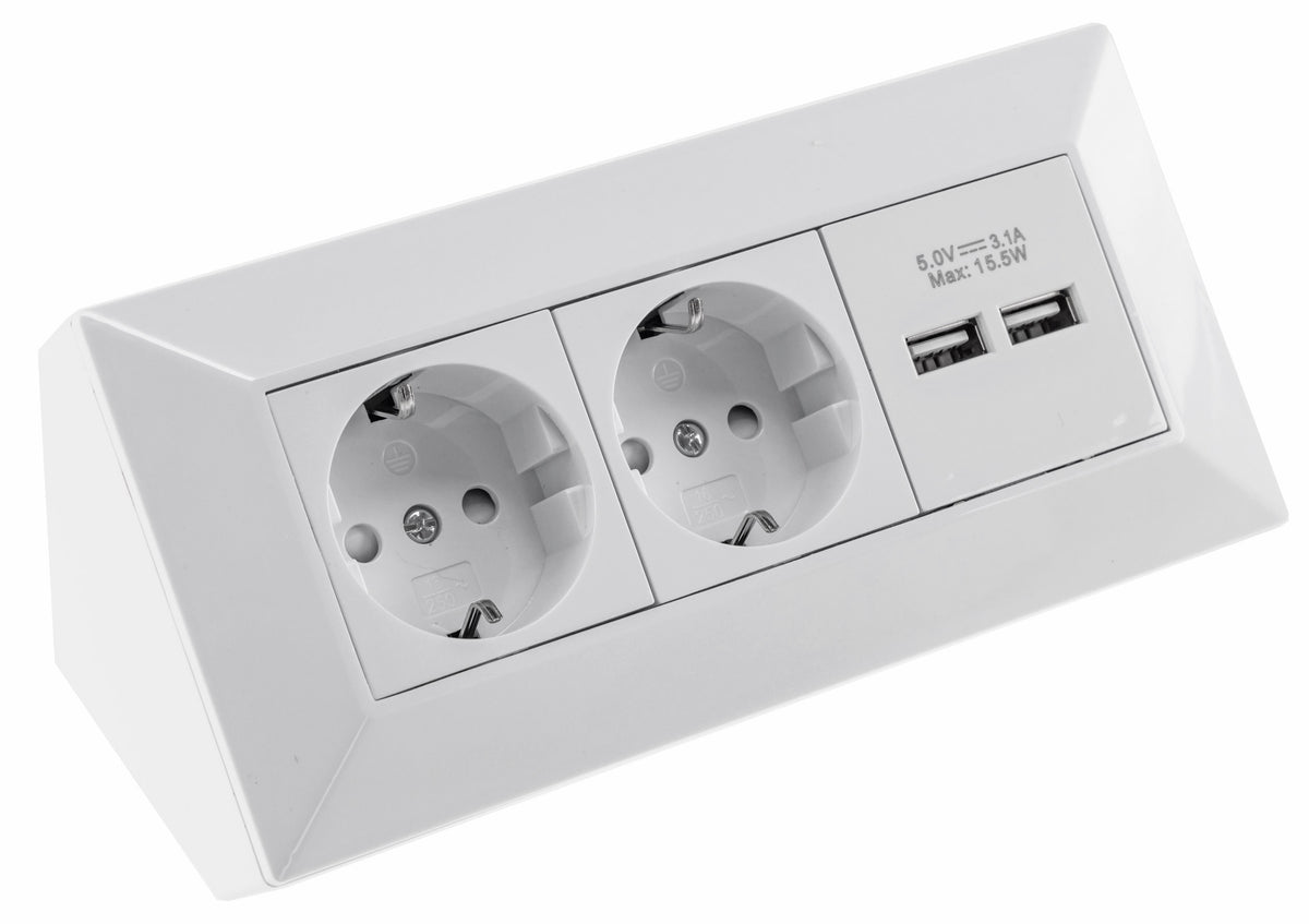 2-fach Steckdosenblock + 2x USB, weiß 250V~/ 16A, Aufbaumontage, USB 3,1A