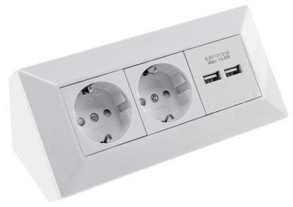 2-fach Steckdosenblock + 2x USB, weiß 250V~/ 16A, Aufbaumontage, USB 3,1A