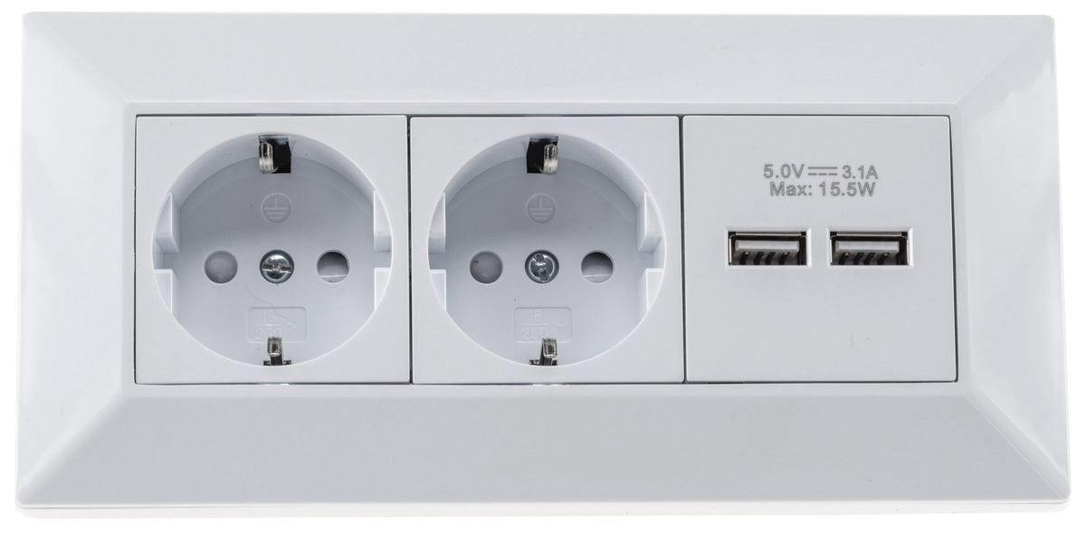2-fach Steckdosenblock + 2x USB, weiß 250V~/ 16A, Aufbaumontage, USB 3,1A