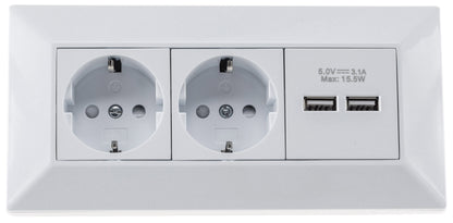 2-fach Steckdosenblock + 2x USB, weiß 250V~/ 16A, Aufbaumontage, USB 3,1A