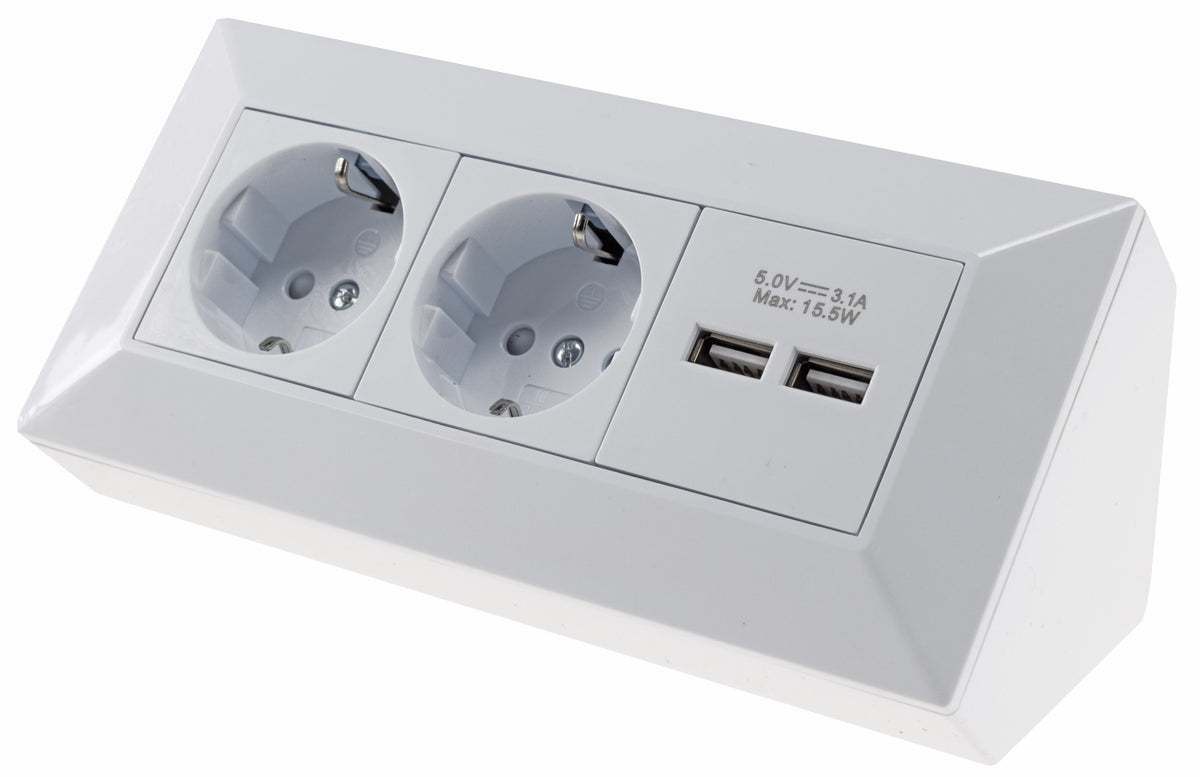 2-fach Steckdosenblock + 2x USB, weiß 250V~/ 16A, Aufbaumontage, USB 3,1A