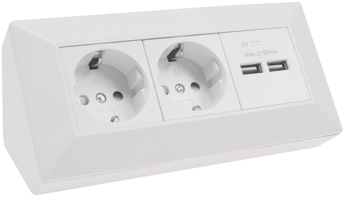 2-fach Steckdosenblock + 2x USB, weiß ma 250V~/ 16A, Aufbaumontage, USB 3,1A