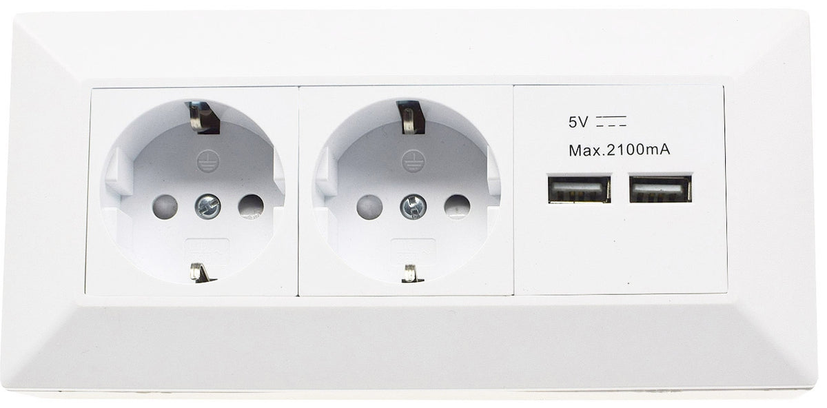 2-fach Steckdosenblock + 2x USB, weiß ma 250V~/ 16A, Aufbaumontage, USB 3,1A