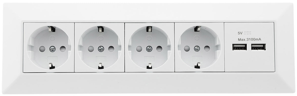 4-fach Steckdosenblock + 2x USB, weiß 250V~/ 16A, Aufbaumontage, USB 3,1A