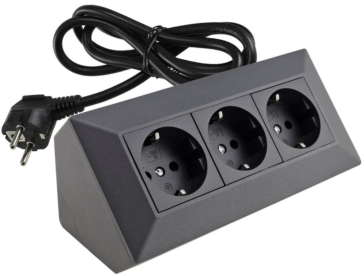 3-fach Steckdosenblock, Anthrazit 250V~/ 16A, Aufbaumontage, 1,5m Kabel # OEM Keimfunk #