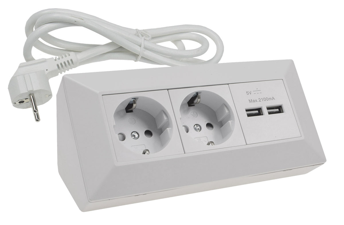 2-fach Steckdosenblock+2x USB, matt-weiß 250V~/ 16A, Aufbau, 1,5m Kabel # OEM Keimfunk #