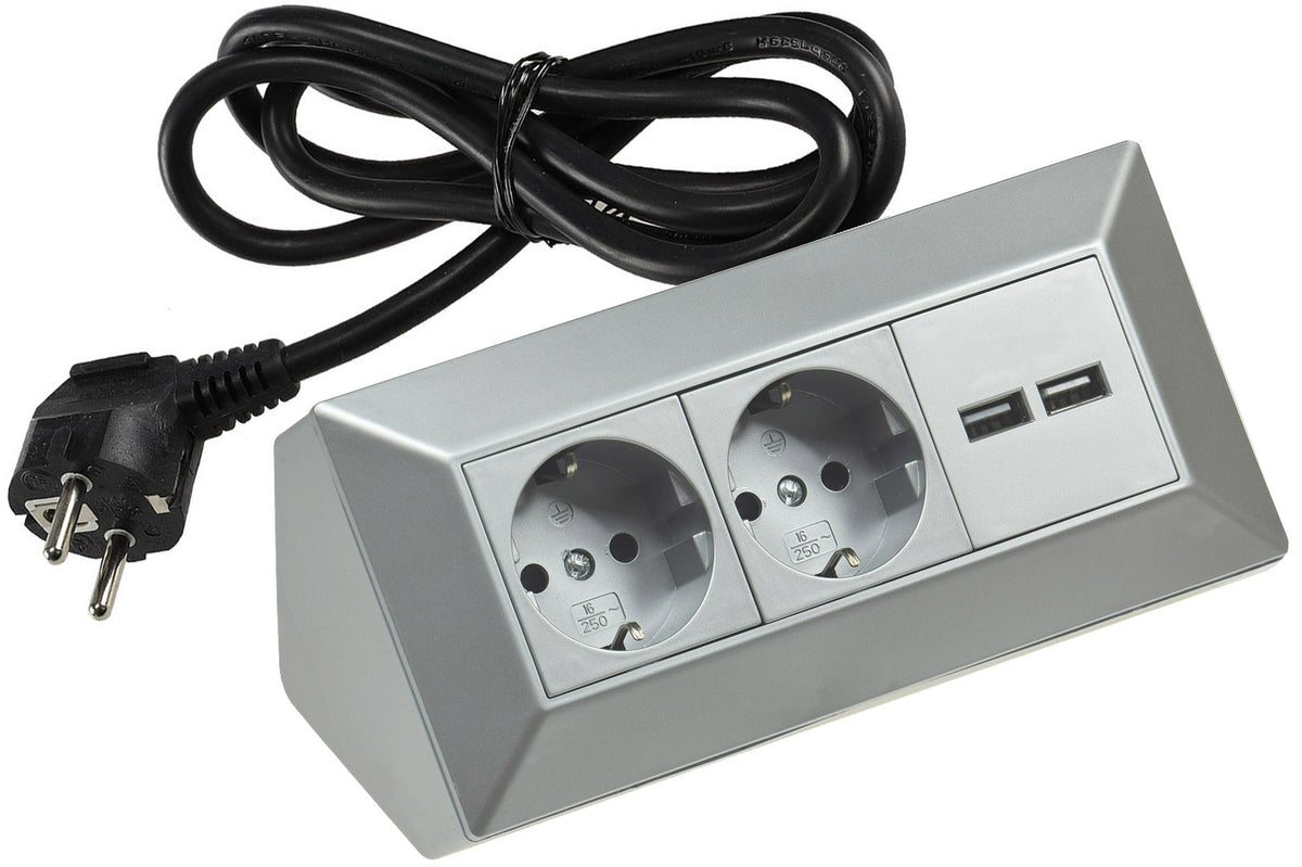 2-fach Steckdosenblock + 2x USB, silber 250V~/ 16A, Aufbau, 1,5m Kabel # OEM Keimfunk #