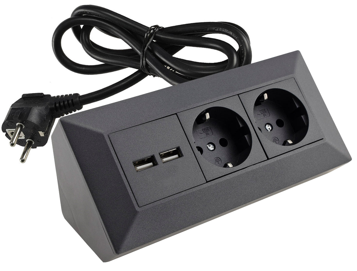 2-fach Steckdosenblock+ 2x USB,Anthrazit 250V~/ 16A, Aufbaumontage, 1,5m Kabel # OEM Keimfunk #