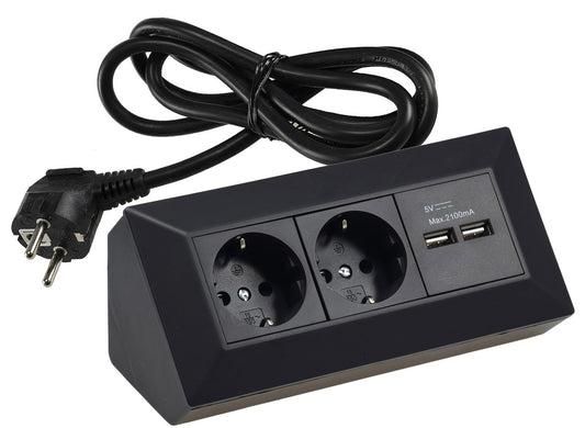 2-fach Steckdosenblock + 2x USB, schwarz 250V~/ 16A, Aufbau, 1,5m Kabel # OEM Nox #