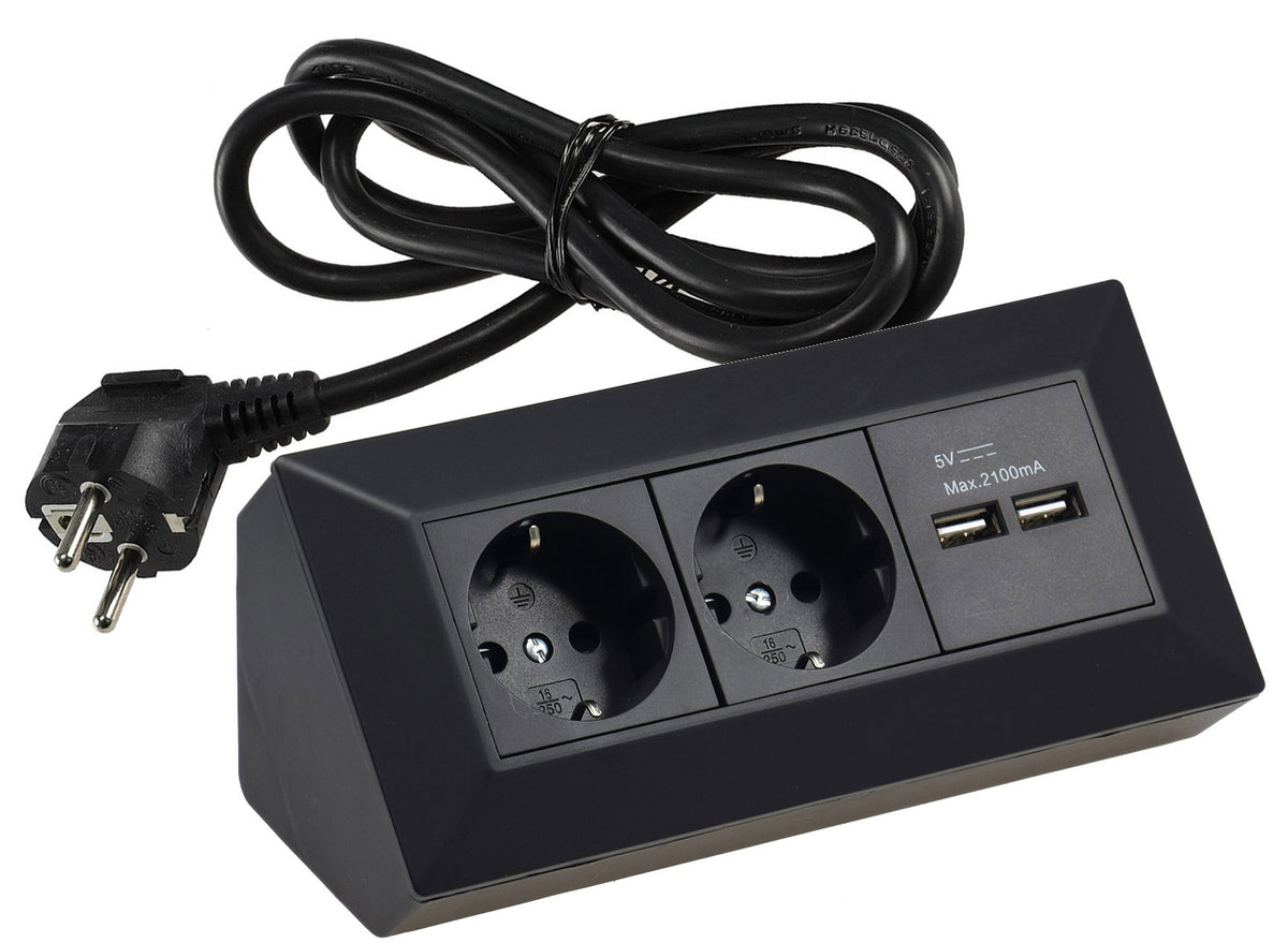 2-fach Steckdosenblock + 2x USB, schwarz 250V~/ 16A, Aufbau, 1,5m Kabel # OEM Nox #