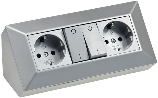 2-fach Steckdosenblock m. Schalter, silb 250V~/ 10A, Aufbaumontage # OEM Nox #