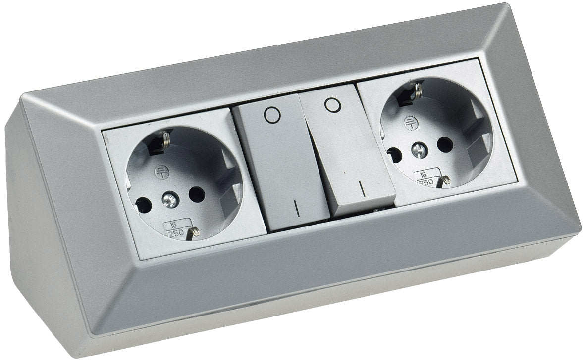 2-fach Steckdosenblock m. Schalter, silb 250V~/ 10A, Aufbaumontage # OEM Nox #