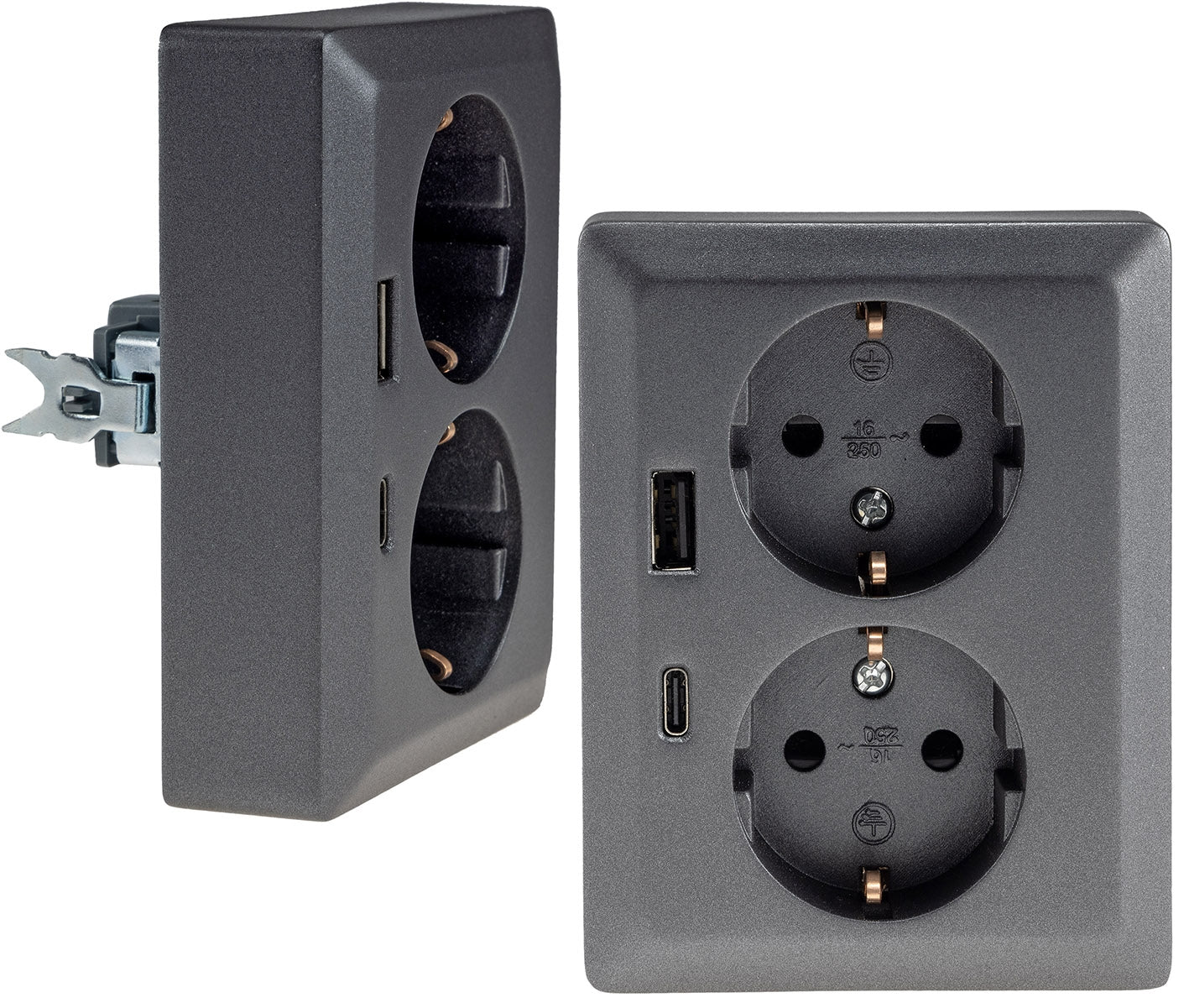 MILOS Schutzkontakt-Steckdose 2-fach 250V~/ 16A, 1x UP, USB A+C/PD, anthrazit