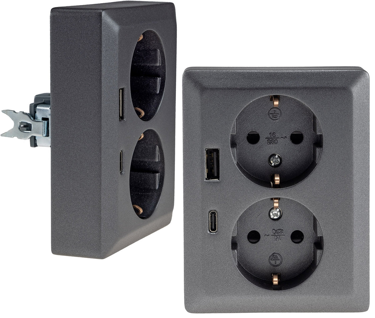 MILOS Schutzkontakt-Steckdose 2-fach 250V~/ 16A, 1x UP, USB A+C/PD, anthrazit