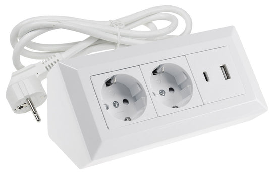 2-fach Steckdosenblock, USB-A+C, weiß 250V~/ 16A, USB 3,1A, PD, 1,5m Kabel # OEM Keimfunk #