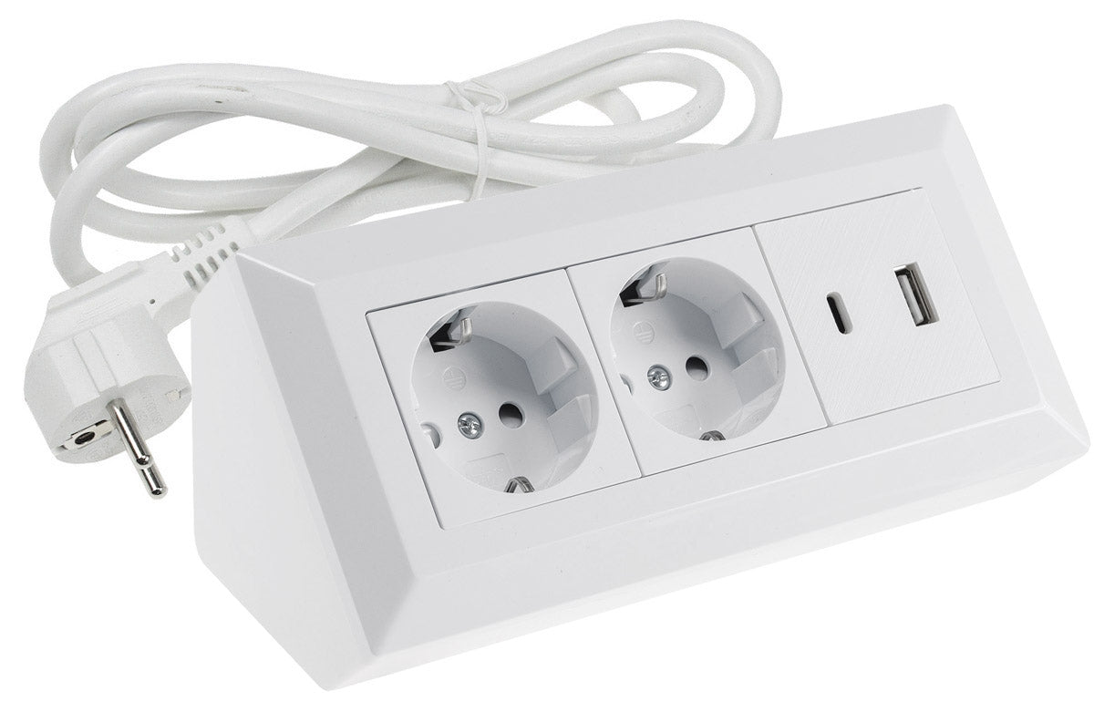 2-fach Steckdosenblock, USB-A+C, weiß 250V~/ 16A, USB 3,1A, PD, 1,5m Kabel # OEM Keimfunk #