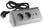 2-fach Steckdosenblock, USB-A+C, silber 250V~/ 16A, USB 3,1A, PD, 1,5m Kabel # OEM Keimfunk #