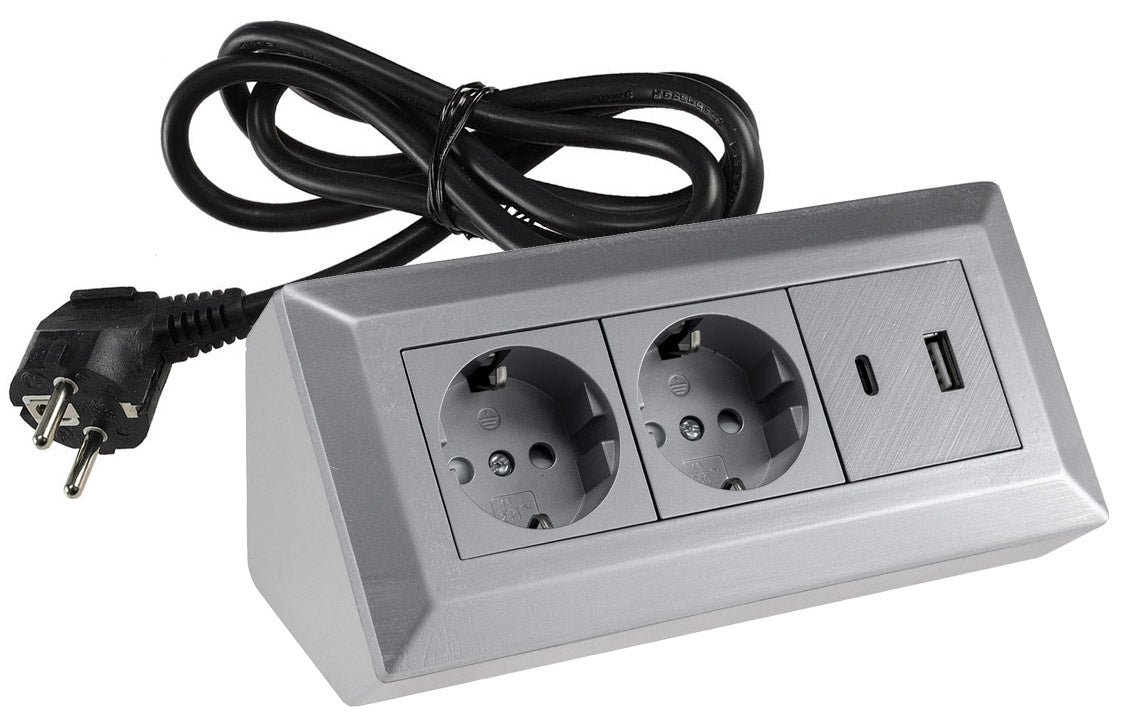 2-fach Steckdosenblock, USB-A+C, silber 250V~/ 16A, USB 3,1A, PD, 1,5m Kabel # OEM Keimfunk #