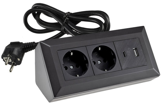 2-fach Steckdosenblock, USB-A+C, schwarz 250V~/ 16A, USB 3,1A, PD, 1,5m Kabel # OEM Keimfunk #