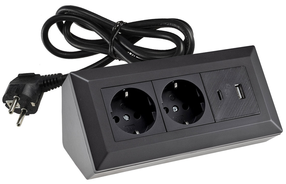 2-fach Steckdosenblock, USB-A+C, schwarz 250V~/ 16A, USB 3,1A, PD, 1,5m Kabel # OEM Keimfunk #