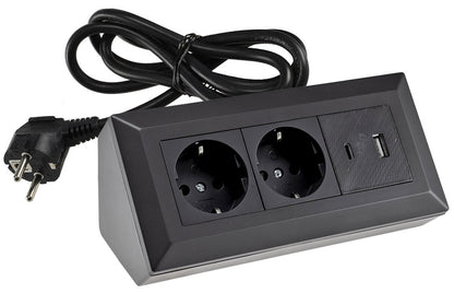 2-fach Steckdosenblock, USB-A+C, schwarz 250V~/ 16A, USB 3,1A, PD, 1,5m Kabel # OEM Keimfunk #