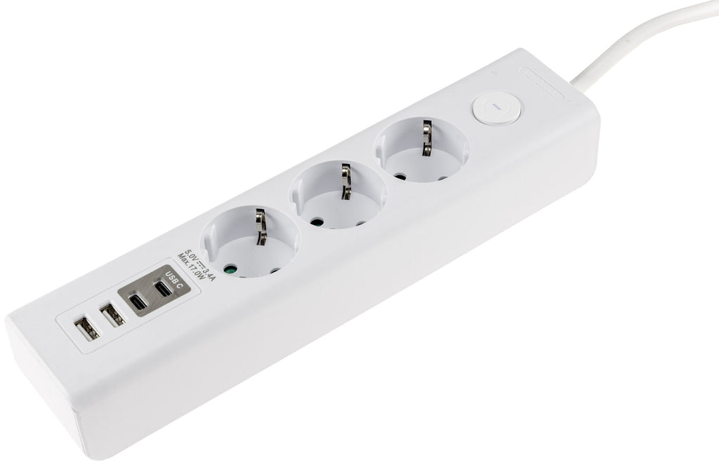 Steckdosenleiste mit Ladebuchsen für USB USB-A /USB-C,3-fach, weiß, 1,5m Kabel