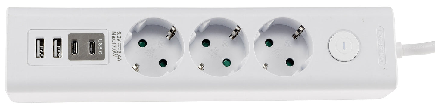 Steckdosenleiste mit Ladebuchsen für USB USB-A /USB-C,3-fach, weiß, 1,5m Kabel
