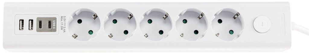 Steckdosenleiste mit Ladebuchsen für USB USB-A /USB-C,5-fach, weiß, 1,5m Kabel