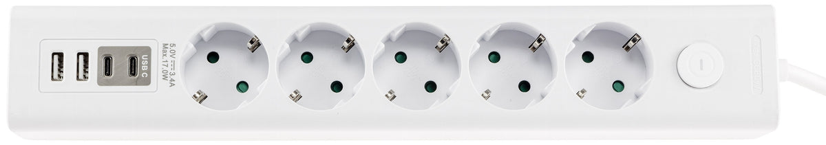 Steckdosenleiste mit Ladebuchsen für USB USB-A /USB-C,5-fach, weiß, 1,5m Kabel