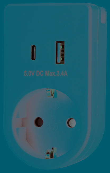 Zwischenstecker mit USB Duo-Ladegerät 230V/3680W, USB-A /USB-C 5,0V/3,4A