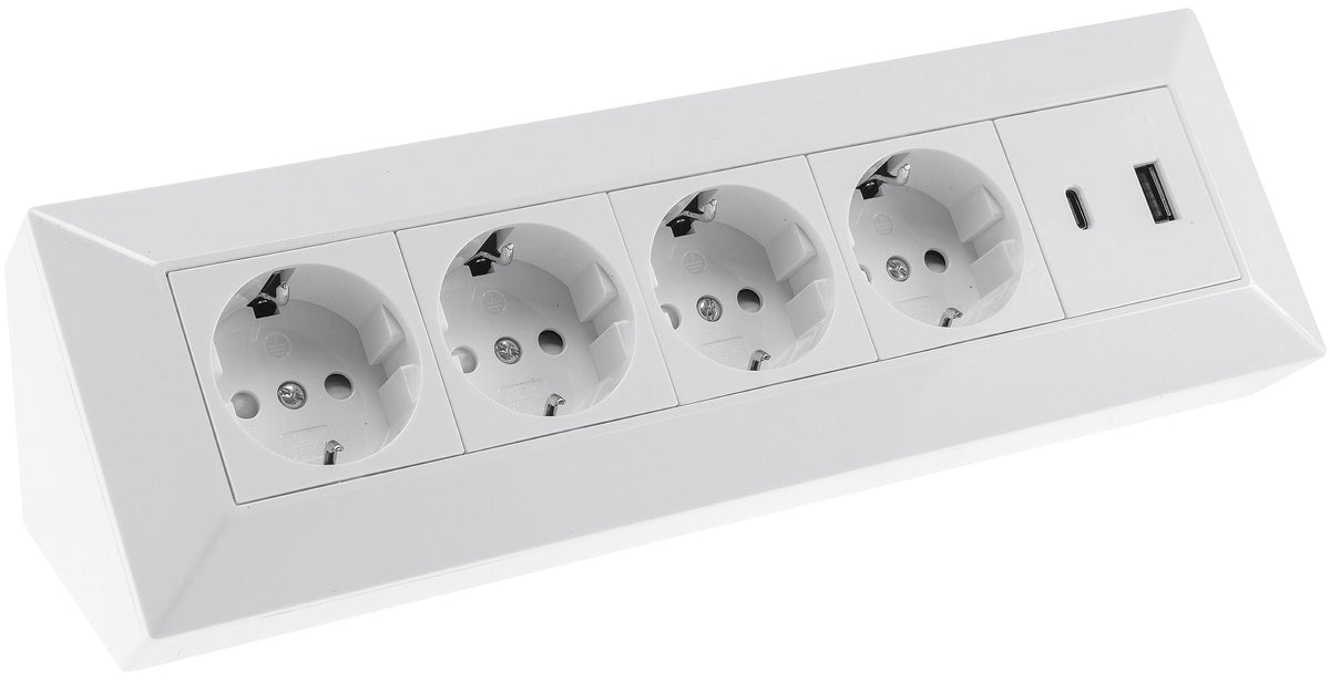 4-fach Steckdosenblock, USB-A+C, weiß 250V~/ 16A, Aufbaumontage, USB 3,1A, PD