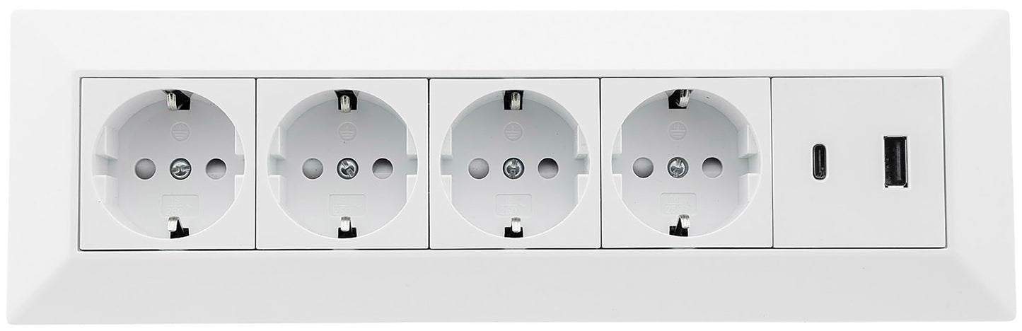 4-fach Steckdosenblock, USB-A+C, weiß 250V~/ 16A, Aufbaumontage, USB 3,1A, PD