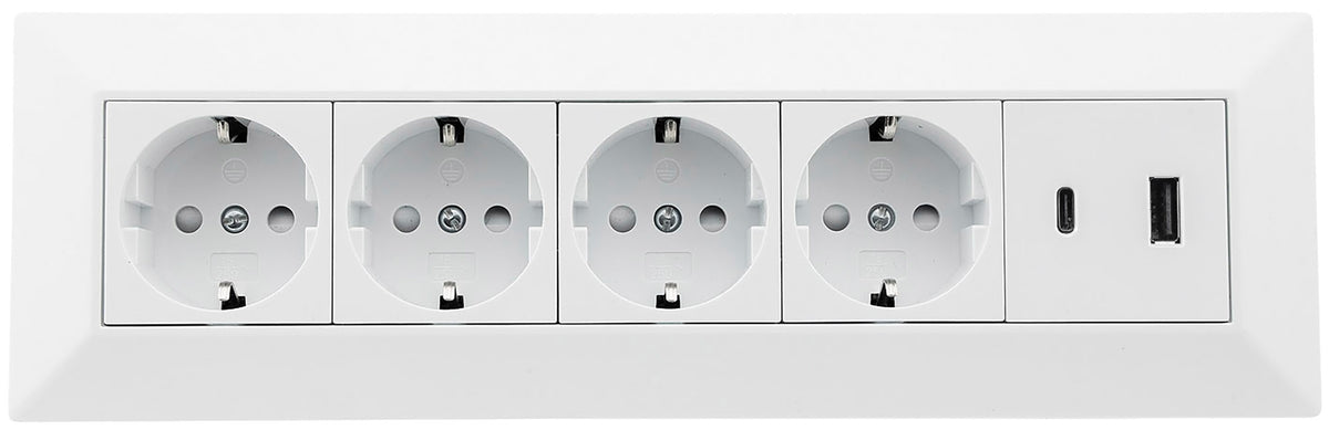 4-fach Steckdosenblock, USB-A+C, weiß 250V~/ 16A, Aufbaumontage, USB 3,1A, PD