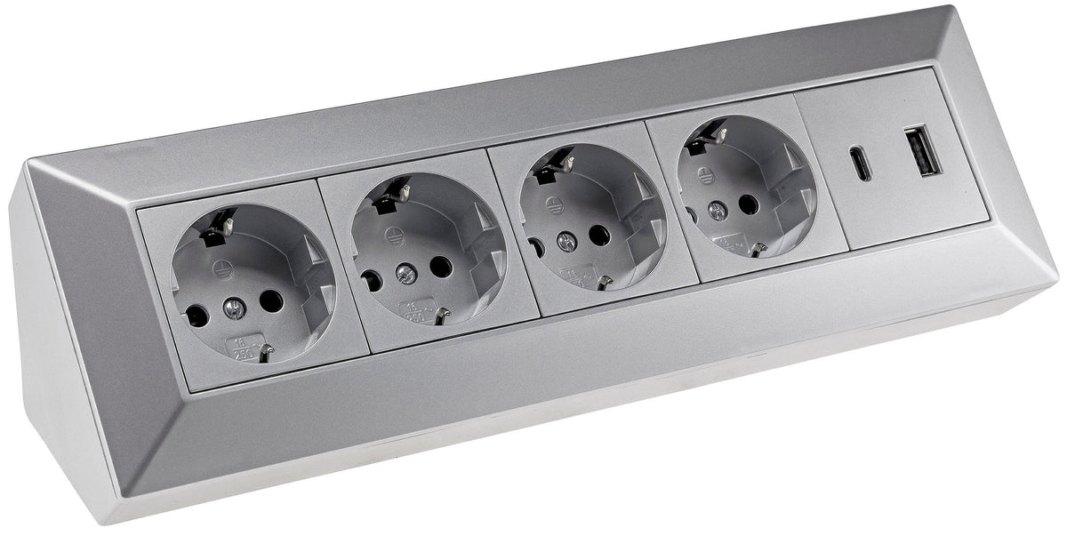4-fach Steckdosenblock, USB-A+C, silber 250V~/ 16A, Aufbaumontage, USB 3,1A, PD