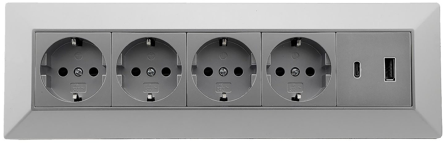 4-fach Steckdosenblock, USB-A+C, silber 250V~/ 16A, Aufbaumontage, USB 3,1A, PD