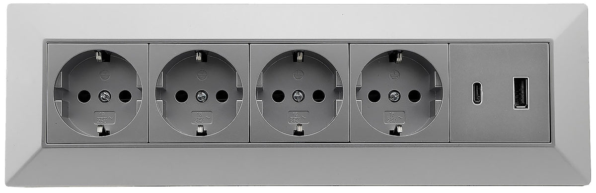 4-fach Steckdosenblock, USB-A+C, silber 250V~/ 16A, Aufbaumontage, USB 3,1A, PD