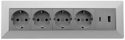 4-fach Steckdosenblock, USB-A+C, silber 250V~/ 16A, Aufbaumontage, USB 3,1A, PD