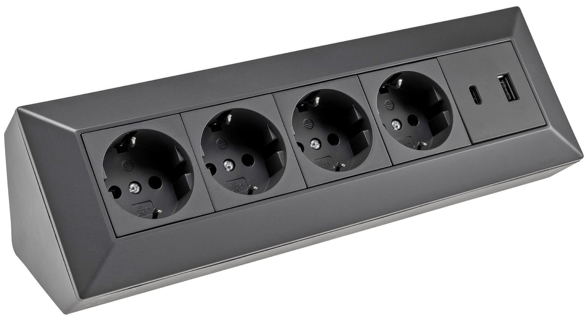 4-fach Steckdosenblock, USB-A+C, schwarz 250V~/ 16A, Aufbaumontage, USB 3,1A, PD