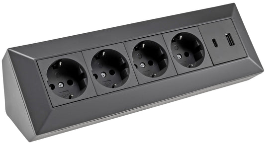 4-fach Steckdosenblock, USB-A+C, schwarz 250V~/ 16A, Aufbaumontage, USB 3,1A, PD