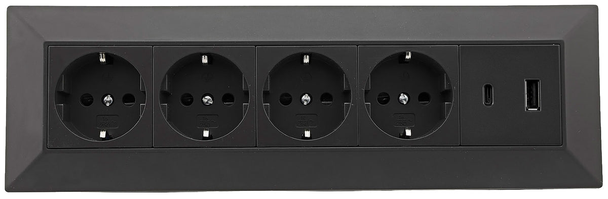 4-fach Steckdosenblock, USB-A+C, schwarz 250V~/ 16A, Aufbaumontage, USB 3,1A, PD
